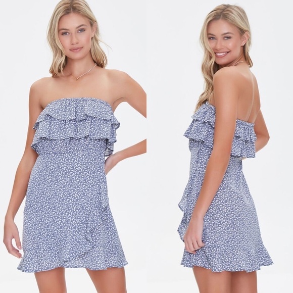 Forever 21 Floral Printed Strapless Ruffle Mini Dress in‎ Blue Faux Wrap Front M - Picture 1 of 8